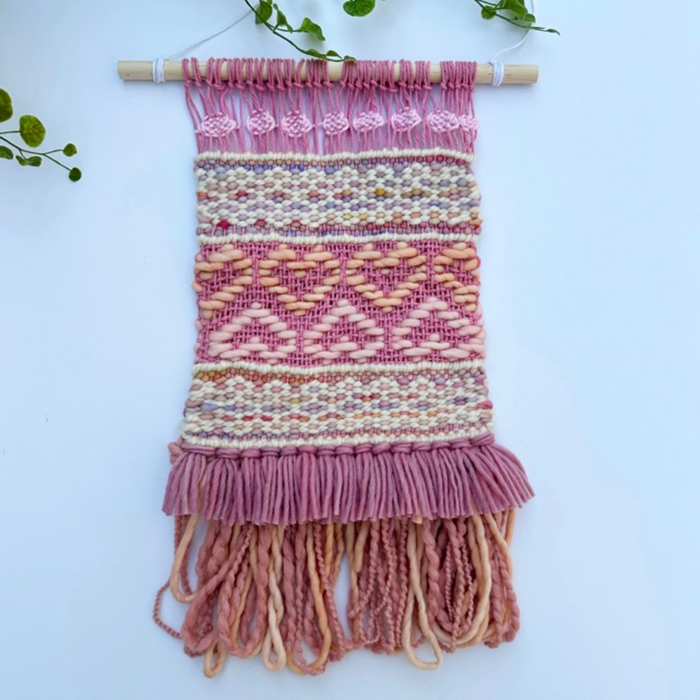 Handwoven Pink Hearts Boho Chic Wall Hanging Handmade